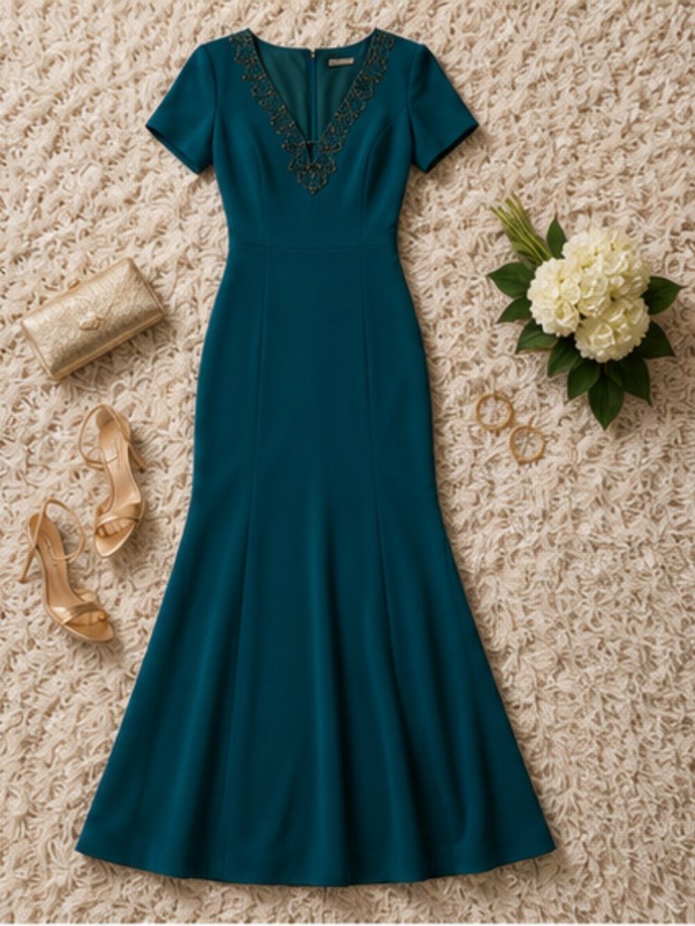 Adrianna Papell Teal Maxi Dress with Beaded V-Neck